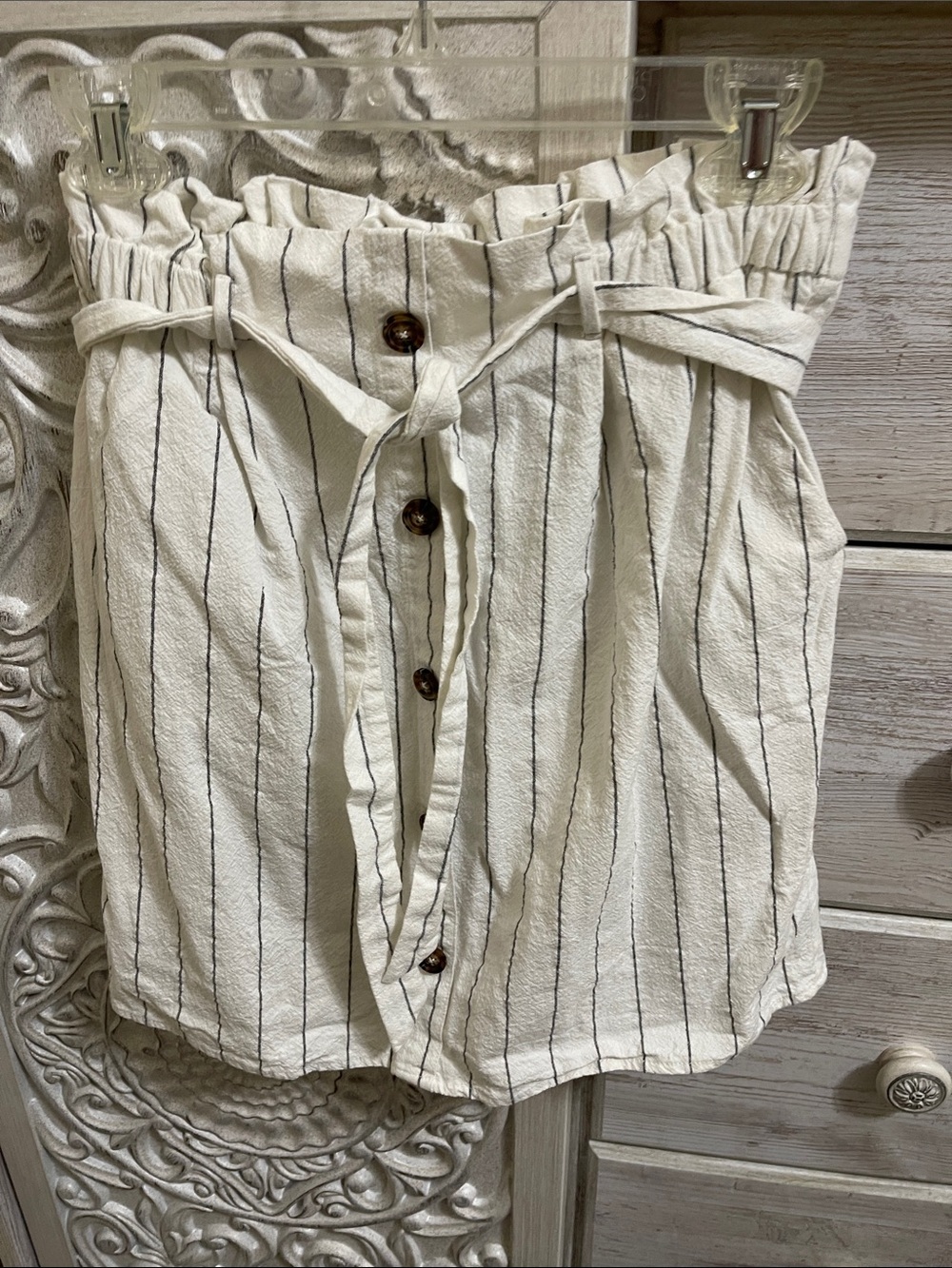 Sienna Sky Cream & Black Pinstripe Paperbag Waist Skirt